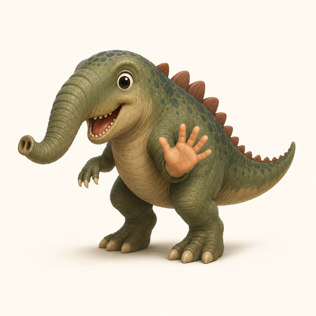 Detail-detective: een dinosaurus met een olifantenslurf en een mensenhand