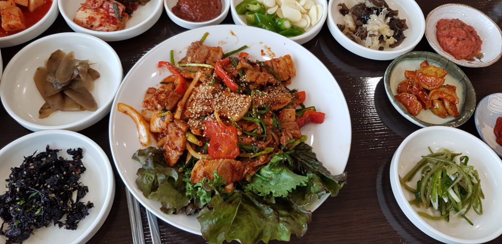 Korean food: Spicy Stir-Fried Pork with side dishes