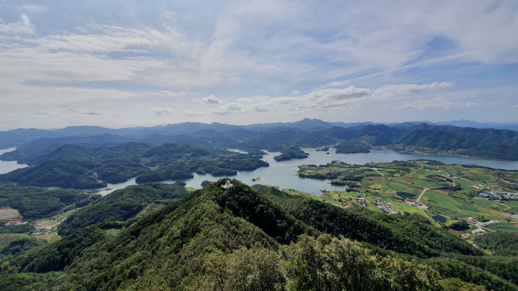 View of Jecheon Lake from the observation deck of Cheongpung Lake Cable Car in Jecheon, South Korea