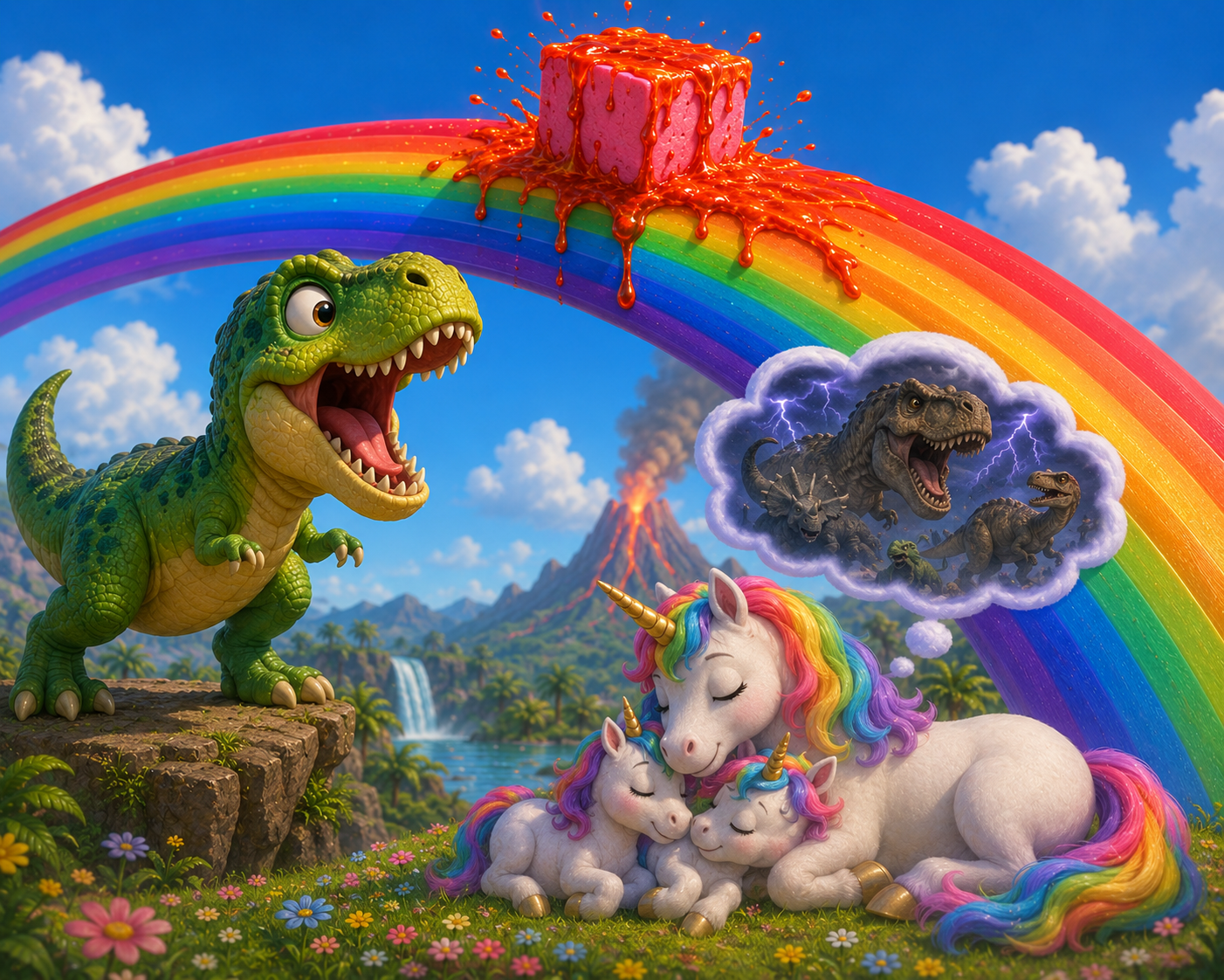 Tekening T-rex, regenboog, lava en eenhoorn — startpunt voor Gemini Storybook