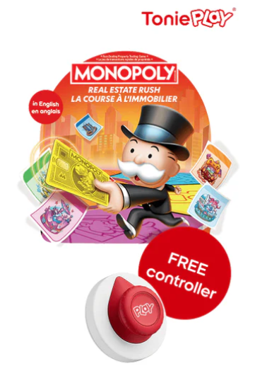 Tonieplay promo for Monopoly Real Estate Rush with red play controller