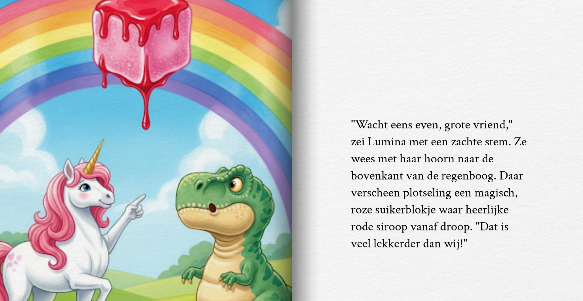 Storybook-plaatje: eenhoorn wijst met een mensenhand in plaats van een hoorn