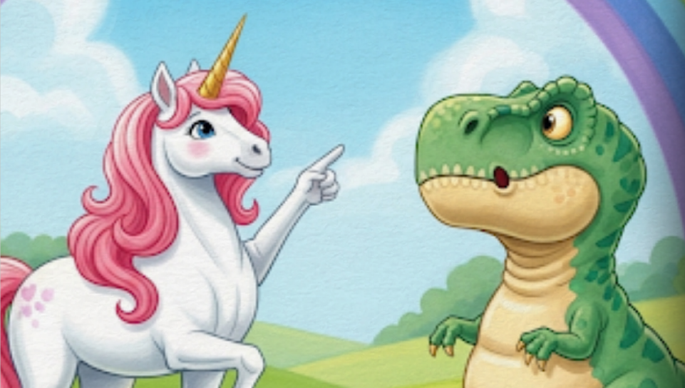 Dino- en eenhoornknuffels naast een gepolijst app-verhaal